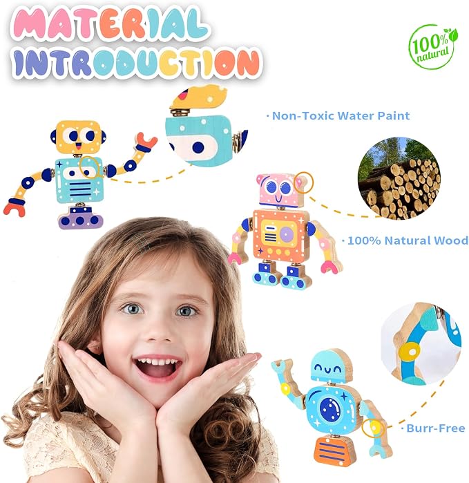 Wooden Snap Together Building Toys, Robot Building Toys for Kids Ages 3-5 | 28-Piece Building Set • Open-Ended Play • Fine Motor Skills • Creative Construction