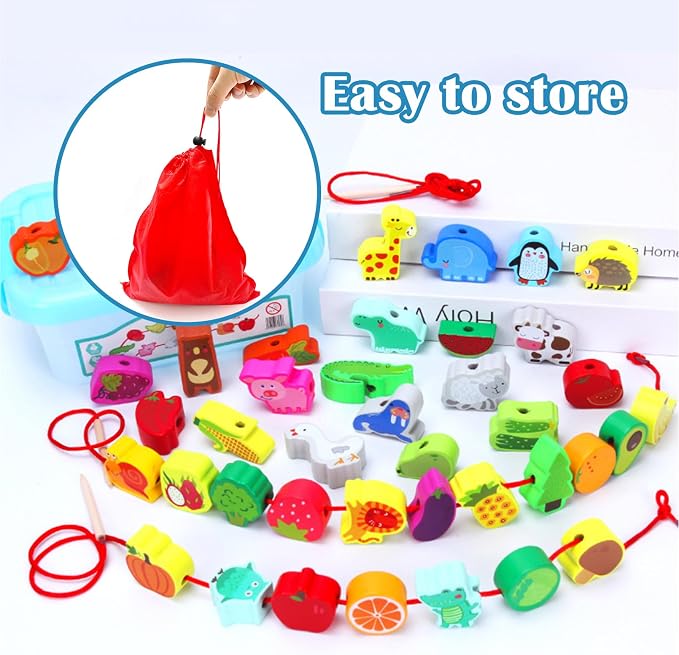 46 PCS Wooden Lacing Beads,Animals Fruits Threading Toys | Preschool Learning Lacing Toys,Montessori Educational Stringing Threading Beads Toys for Kids 3 4 5 6 Year Old Boys Girls