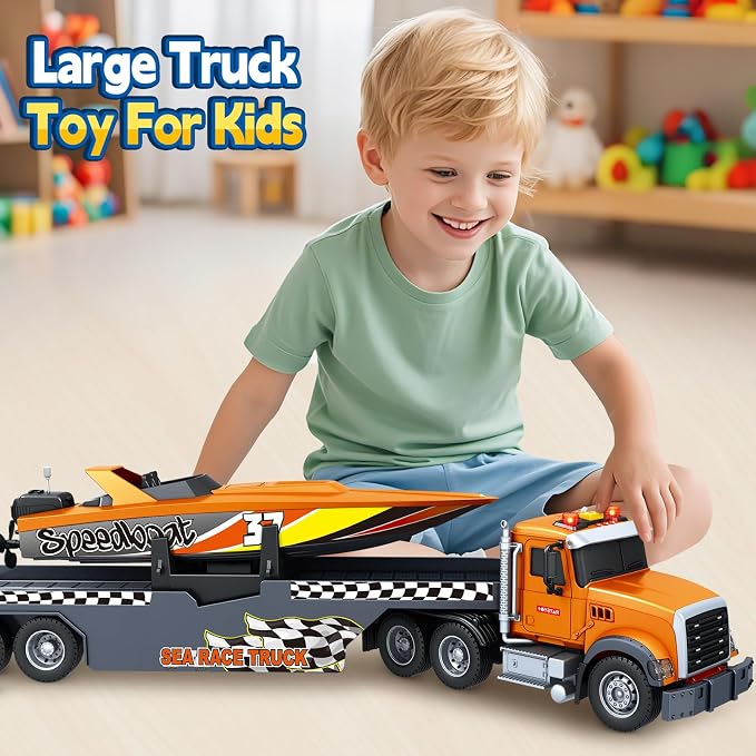 Bstoyder Toddler Boy Toys for 3 4 5 6 7 Years Kids, 21" Semi Flatbed Truck Toy with a Sea Race Truck, Friction Powered Vehicles Toys with Lights and Sounds, Birthday for Boy Girls