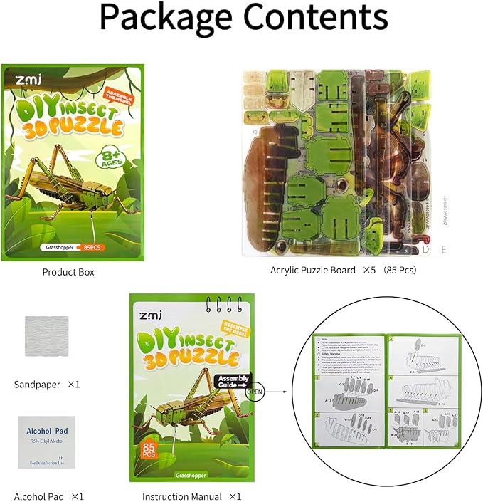 3D Acrylic Insect Puzzle DIY Bug Model Kit Animal STEM Gift | Building Kits Crafts Figurine Sculpture Nature Decoration Educational Display Toys for Kids Teens and Adults (Grasshopper)