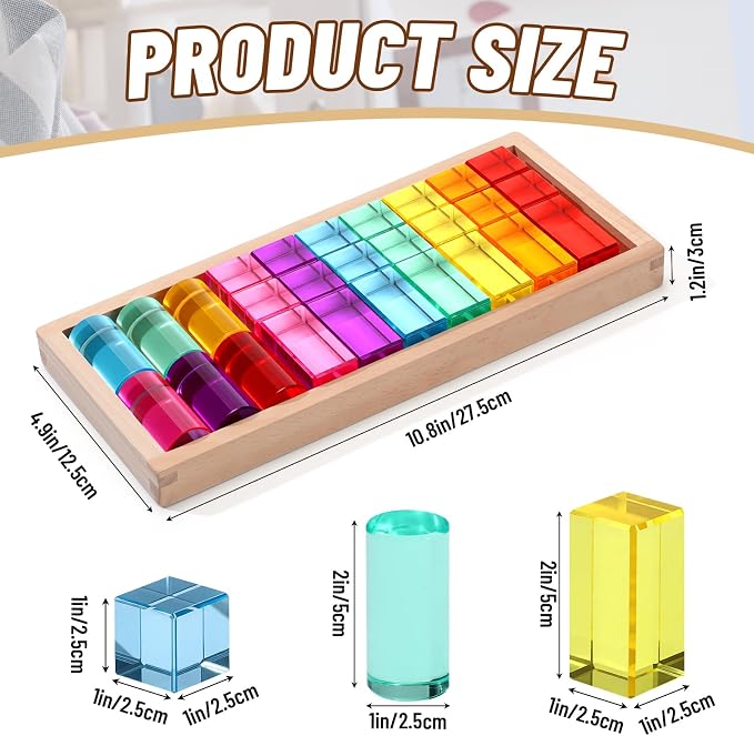 27 Pcs Acrylic Wooden Gem Blocks Sparkling Translucent Cubes Stacking Toys Wooden Cubes Blocks with Colorful Acrylic Open Ended Play Montessori Educational Toys (Square)