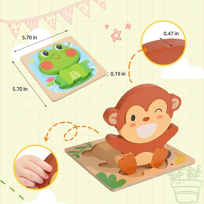Wooden Puzzles for 2-4, 6 Pack Animal Shape Puzzle Montessori Toys for 2 3 4 Year Old, Educational Learning Toys for Girls Boys