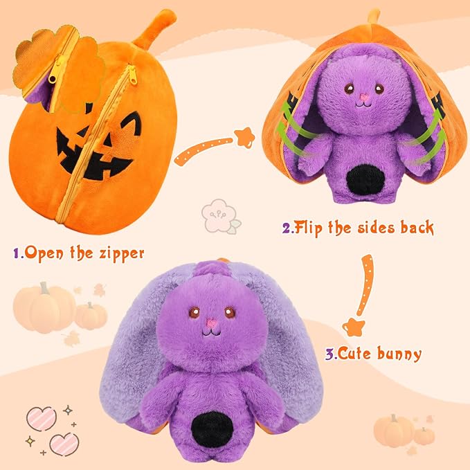 MIAODAM Halloween Pumpkin Bunny Plush,Reversible Bat Stuffed Animal for Kid