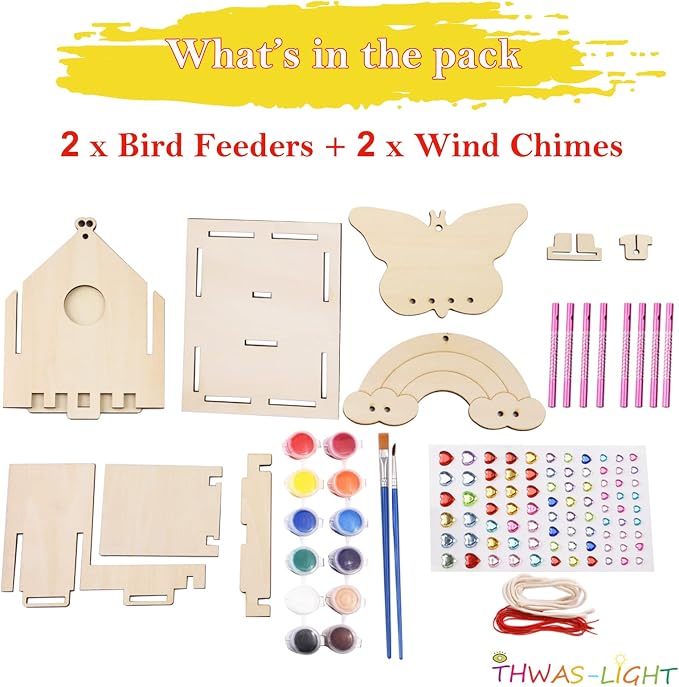 Crafts for Kids Ages 8-12 -Make Your Own Bird Feeder Wind Chime Kit with Diamond Stickers - 2 Pack Unfinished Wood DIY Kids STEM Painting Activities Crafts Outdoor Toys for Boys Girls Ages 6-8 3-5