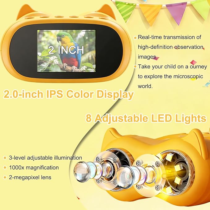 1000X Handheld Digital Microscope for Kids & Binoculars, STEM Toys, 2 in 1 | Kids Pocket Microscope with 2.0" IPS Screen, 8 LED, Photo and Video, Science Kit, Birthday Gifts for Boys Girls Ages 4-12
