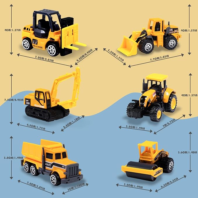 Oriate Diecast Small Toy Construction Vehicles, 6PCS Construction Toys Set | Bulldozers Forklift Excavator Alloy Construction Trucks, mini Toy Cars Model for Kids 3-5, Boys Girls Birthday Christmas Gift