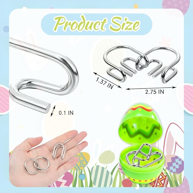 24 Pcs Prefilled Easter Eggs with Brain Teaser Puzzles Toys for Kids,Easter Basket Stuffers Filled with Metal Montessori Solving Bulk 3D Unlock Logic Gifts for Boys Girls,Party Favors