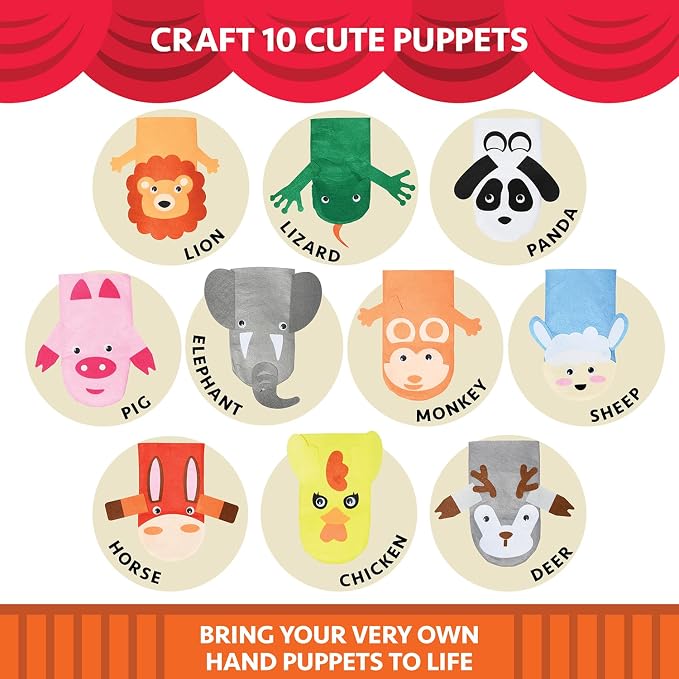 Hand Puppet Kit – Make Your Own Animal Characters, 10 Felt Pieces, Simple Step-by-Step Instructions, Arts & Crafts Activity for Kids, Role Play & Storytelling Birthday Gift