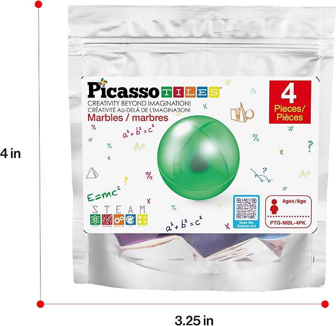 PicassoTiles 4pc Marbles for Magnetic Block Tiles Marble Run Race Track Magnet Building Tile Blocks Racetrack Maze Construction Toys Creative Toy Girls Boys 3 and Up Early Education STEM Learning Kit