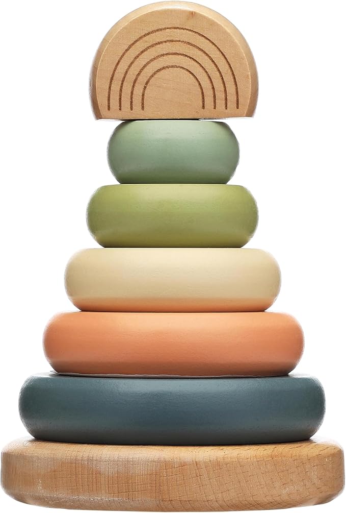 Pearhead Wooden Rainbow Stacking Ring Toy, Montessori Baby Stacker | Neutral Color Sorting Rings, Fine Motor Play, Hand-Eye Coordination, Nursery Decor, Baby or Toddler Gift, Ages 12M+