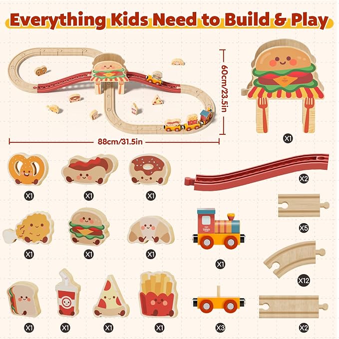 Lehoo Castle Wooden Train Set for Toddlers, Burger-Themed Train Track Set | Expandable Wooden Railway Playset, Compatible with Most Wooden Tracks, Birthday Gift for Boys & Girls Ages 3+