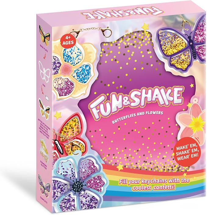 DIY Glitter Craft Kit with Keychains - Mess-Free Arts and Crafts for Kids Ages 4-8, Fun Shake-It Activity, Creative Travel Toys, Party Favors & Birthday Gifts for Girls 4-9