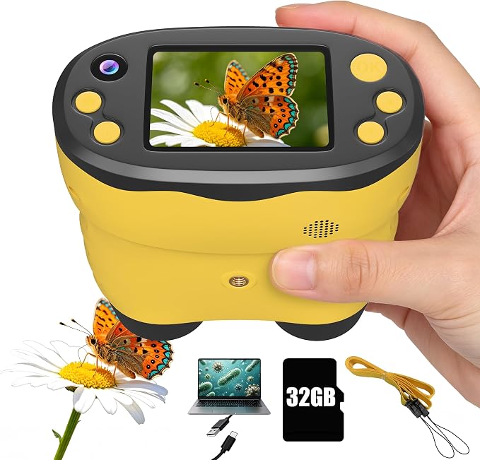 1000X Handheld Microscope for Kids 2.0" Screen 32GB Card Included | Rechargeable 3 in 1 Pocket Digital Kids Microscopes with Camera & Selfie Lens, Edu Science Kits for Kids 4-6 8-12 Yellow