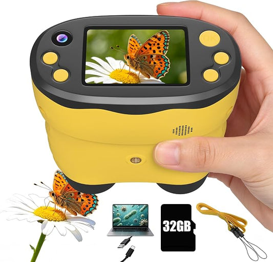 1000X Handheld Microscope for Kids 2.0" Screen 32GB Card Included | Rechargeable 3 in 1 Pocket Digital Kids Microscopes with Camera & Selfie Lens, Edu Science Kits for Kids 4-6 8-12 Yellow