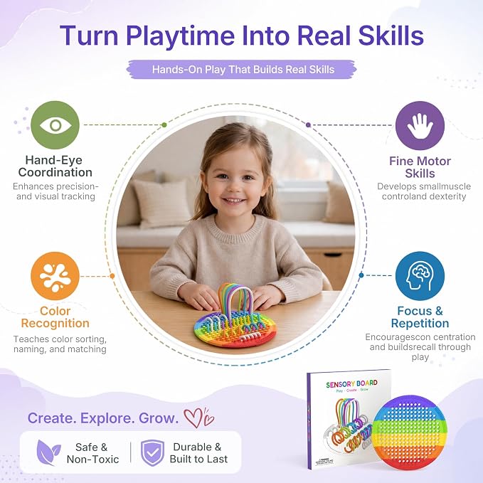 Silicone Sensory Activity Board for Toddlers Fine Motor Skills Fidget Toys | Kids calming noodles threading board eases anxiety ADHD autism portable classroom airplane office gift for adults all ages