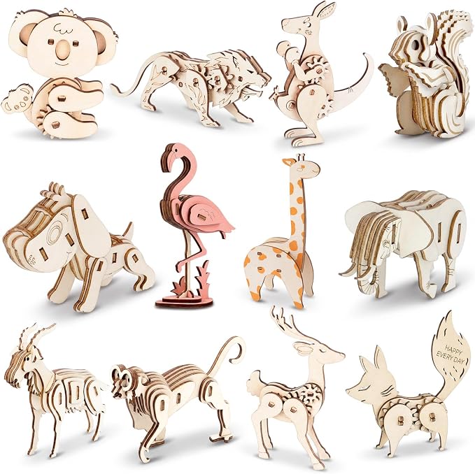 Sanwuta 12 Sets 3D Wooden Animal Puzzles for Kids Wild Animal Models | Paintable Coloring, Assembly Wood Building Kits, DIY Art Crafts Stem Toys, Educational Gifts, Party Favors for Teens Adults