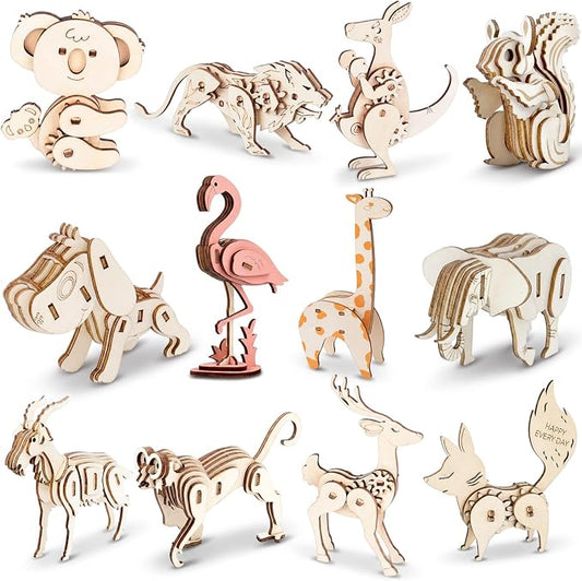 Sanwuta 12 Sets 3D Wooden Animal Puzzles for Kids Wild Animal Models | Paintable Coloring, Assembly Wood Building Kits, DIY Art Crafts Stem Toys, Educational Gifts, Party Favors for Teens Adults