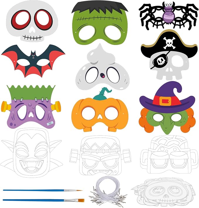 24 Pcs Halloween Mask Crafts for Kids DIY Coloring Halloween Masks | Color Your Own Art and Crafts for Kids Birthday Cosplay Classroom Activities Masquerade Dress-Up Party Favors Game Supply