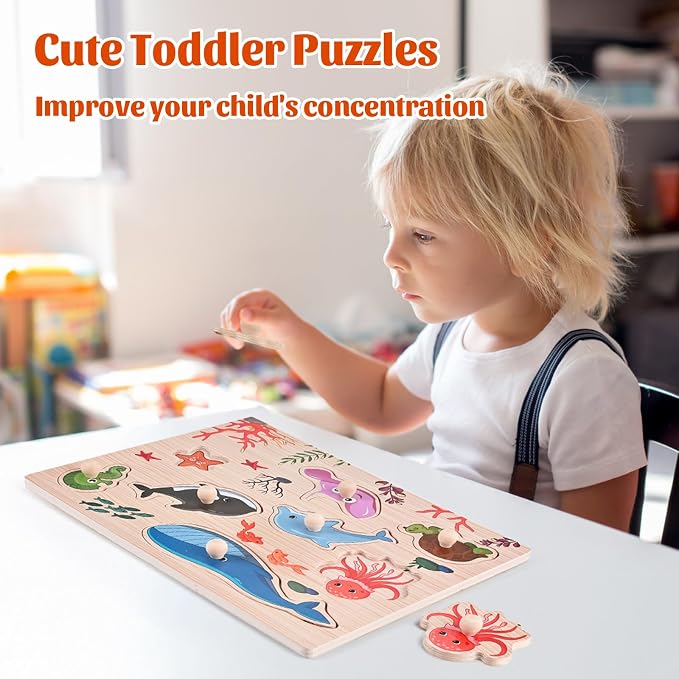 Wooden Peg Puzzles for Toddlers 1-3, 2 Pcs Montessori Puzzles, Upgraded Animal & Sea Themes Puzzles, Great Preschool Educational Learning Gifts for Girls and Boys