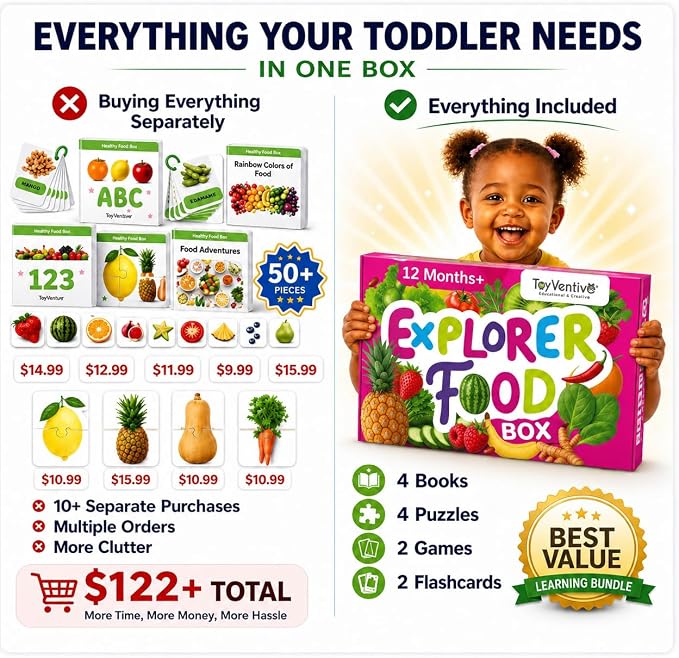 TOYVENTIVE Toddler Learning Kit with 4 Toddler Books, 2 Flash Cards for Toddlers 1-3, 4 Puzzles & 2 Games, Preschool Learning Activities