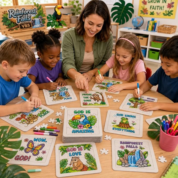 Cinrobiye 24 Pcs Rainforest Falls VBS Coloring Puzzle Kit, Christian Jungle Animal Puzzle Crafts for Vacation Bible School, Sunday School, Church Activities and Faith-Based Group Events