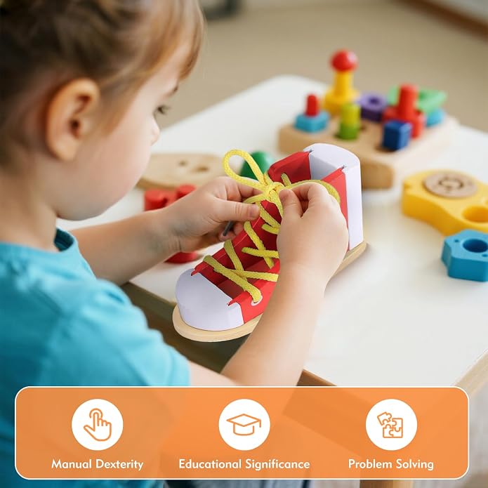 Shoe Tying Practice for Kids | Red Shoe Tie Practice for Kids Threading Lacing Shoes Training, Wooden Learn to Tie Shoes Basic-Life-Skills