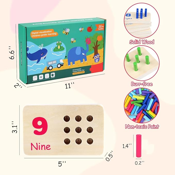 Wooden Counting Numbers Peg Board for Kids, Toddlers Montessori Math Toy 3+ | Thick 1-10 Double-sided Number Boards, 55 Colorful Counting Pegs, Preschool Educational Toy Early Math Learning Activity