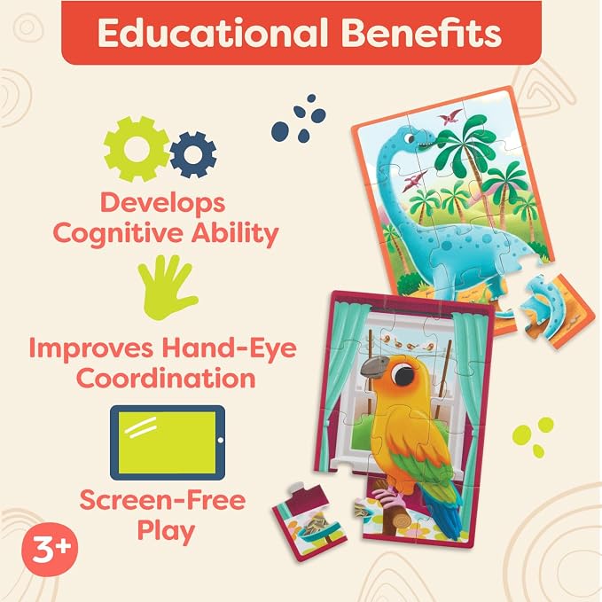 B. toys Wooden Puzzles Pack o' Puzzles Pets & Dinos 2-Pack Set, 2 Pack | 8 wooden jigsaw puzzles in 2 storage boxes; 12 pieces each, pet and dinosaur themes, color-coded backs, 2 Pack; 3+ Years