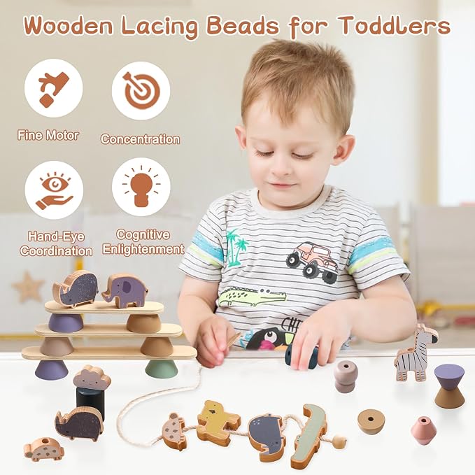 Wooden Animals Threading Toys Lacing Beads for 3+,Stacking Blocks Balance Game,Family Educational Preschool Learning Toy, Preschoolers Montessori Classroom Activities,Ideal Gift for Kids