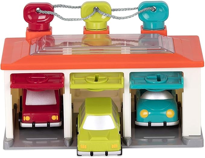 Battat 3-Car Garage, Color Sorting Push-and-Go Playset, Toddler | playset with matching keys, transparent roof, take-along handle, color and shape matching, Toddler, 2+ Years