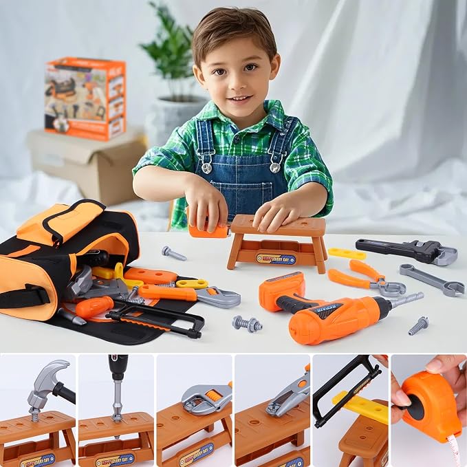 Magic4U Kids Tool Set, 52PCS Toddler Toolbag with Electric Drill, Tool Belt | Electric Drill with 3 bits, Pretend Play Construction Toys Costume Adjustable Tool Belt, Gloves and Goggles for Age 3-8