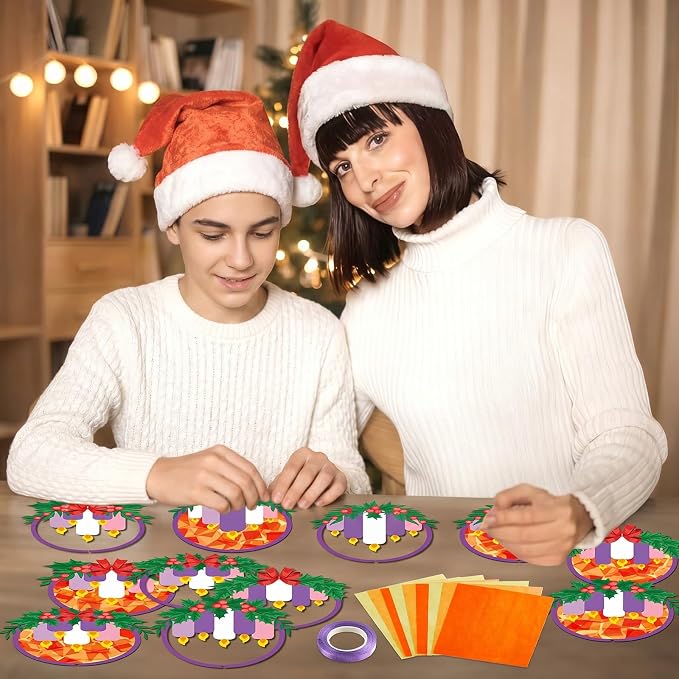 Qyeahkj 36 Set Christmas Advent Wreath Suncatchers Crafts for DIY Advent Candle Tissue Paper Craft Kit Hanging Decor for Xmas Holiday Home Activity Art Project Birthday Party Favor Gift
