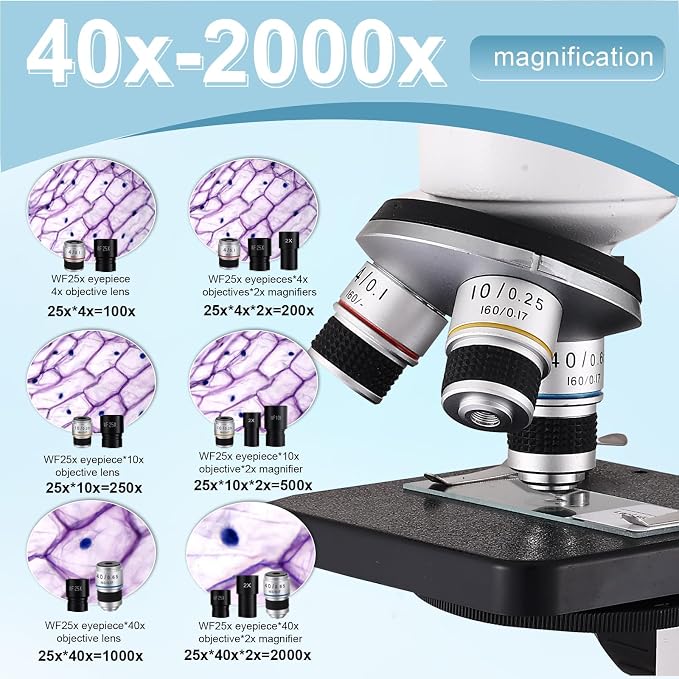 Compound MicroscopeWF10x and WF25x Eyepieces, Slides for Students, Home School Lab Microscope for Adults Suitable for Laboratory School (Bright White)