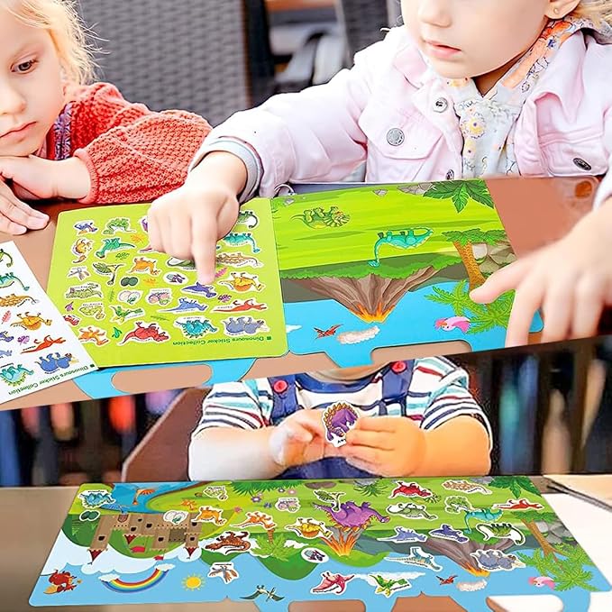 Reusable Sticker Books for Kids, Travel Removable Toddler Dinosaur Sticker Books for 3 4 5 Year Old Girls Boys Birthday Gifts Educational Learning Toys