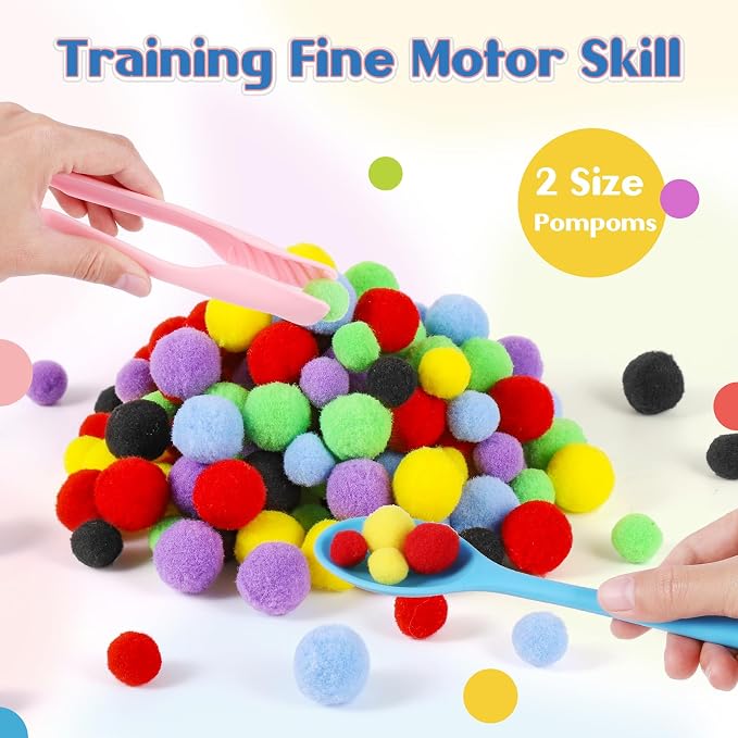 158 PCS Fine Motor Skills Set | 150 Pom Poms, 6 Sorting Bowls, Tweezers, Spoon, Sensory Bin Filler for Preschool Kids Counting, Sorting, Matching Training Ac