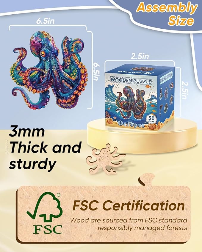 Qiuenisray Wooden Puzzle for Adult, 50 Piece Octopus Puzzle Ages 6-12 | Jigsaw Puzzles for Kid, Beautiful Wood Octopus Puzzle, Gifts for Family Game 6.5x6.5 in Children Gift for Boy Girl Ages 8-12