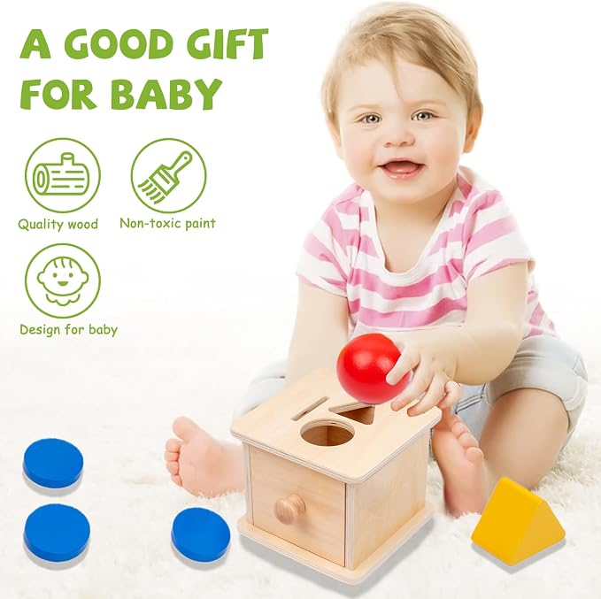Adena Montessori Wooden Coin Box with Drawer Object Permanence 6-12 Months | Red ball, yellow triangle, blue disc. Smooth wood, no burrs. Open-close-insert for color-shape sorting. Gift.