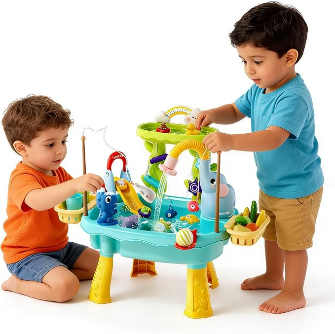 2027 Upgraded 4-in-1 Water Table for Toddlers 2-3, Kids Sensory Table with Electric Water Pump & Faucet, Kitchen Play Sink Toys with Food Accessories, Fishing Toy (NEW Blue)
