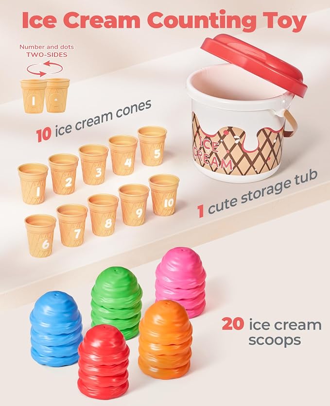 JoyCat Ice Cream Preschool Learning Activities Counting and Color Sorting Set Stacking Toys for Kids 1-5, Educational Fine Motor Skills Toys, 30PCS Math Manipulatives | Match colors, stack scoops and serve pretend ice cream; included pieces support cou...
