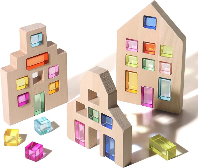 25 Pcs Rainbow Acrylic Building Blocks with 3 Beech Wood Houses, Dual Insert & Stack Sensory Toy, Light Refraction Gem Blocks, Montessori Creative Educational Gift for Toddler Boys Girls 1-5 Years Old