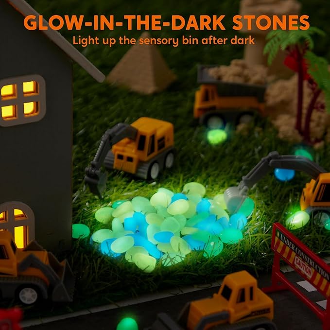 JOVA Klever Kits Construction Sensory Bin for Kids with Glow in The Dark Stones, Sandbox with Lid Castle Building kit, Preschool Learning Activities Gifts for Boys Girls Age 3+