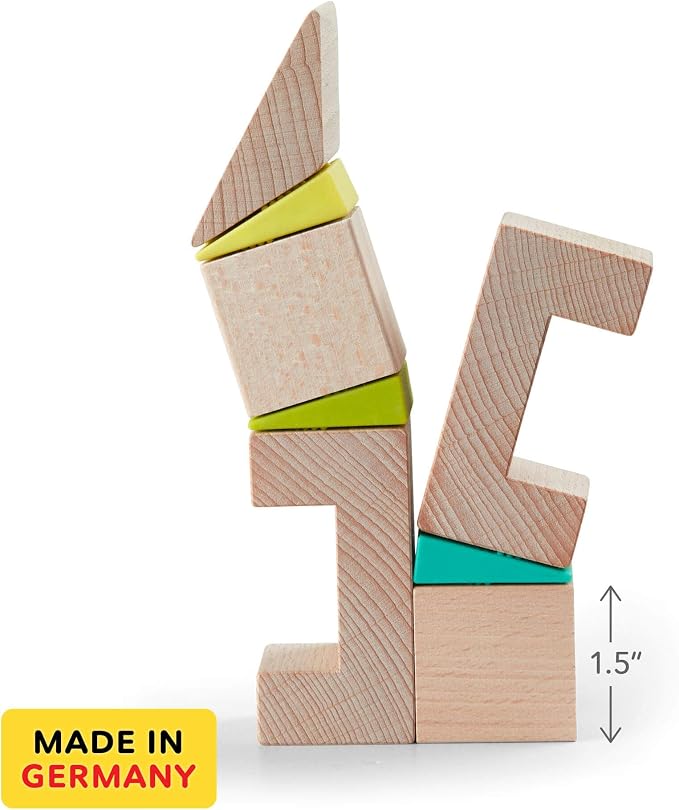 HABA Kids Building Blocks Set Crooked Tower, 19 Wooden Blocks and 6 Wedges with Pattern Cards for Toddlers 4+, Wood Stacking Toys Made in Germany