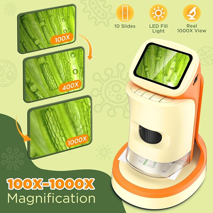 Kids Digital Microscope 1000X with 2.0" Screen | Handheld Rechargeable Microscope Kit with Slides, Portable STEM Science Toy for Kids Ages 5-12, Educational Gift for Boys & Girls