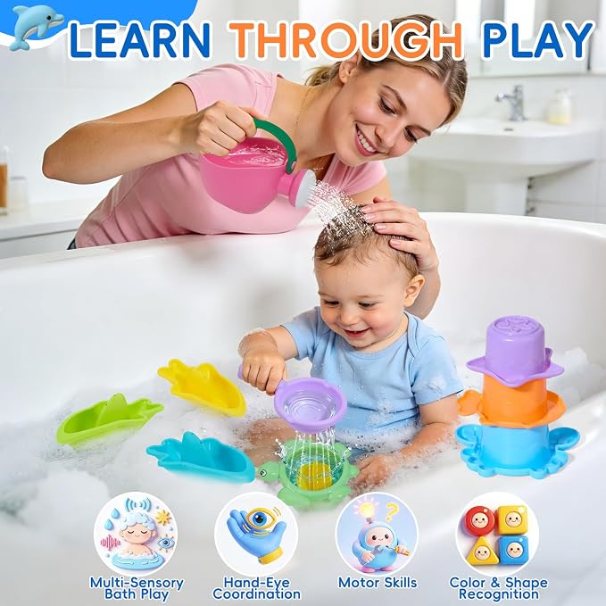 11 PCS Baby Bath Toys for Kids Ages 1-3, Open Design Easy-Clean Bathtub Pool Water Table Toys for Toddlers and Babies, Whale Sprayer, Stacking Cups & Watering Can Gifts for Boys & Girls