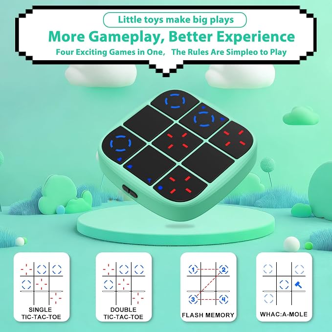 KOQQQ Rechargeable Tic-Tac-Toe Bolt Game, Upgraded 4-in-1 Handheld Puzzle Console, Electronic Educational Memory Game, Portable Travel Car Ride Board Games for Kids Adults (Cyan)
