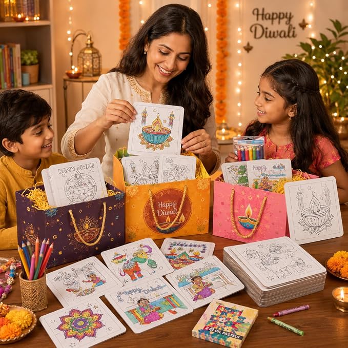 Cinrobiye 24 Pcs Diwali Coloring Puzzle Craft, Deepavali Festival of Lights DIY Activity Jigsaw Puzzle Set, Indian Festival Decorations for Classroom, Home Celebration, Cultural Events, Party Favors