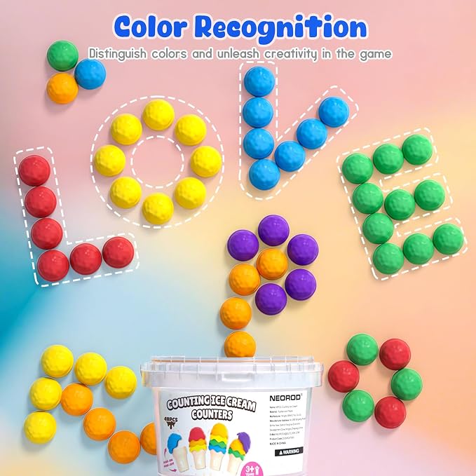 NEOROD Ice Cream Toys for Toddlers 1-5, Montessori Counting Manipulatives | 6 Cones & 42 Scoops Math Color Sorting Set, Fine Motor Stacking Game with Storage Container, Safe Rubber Sensory Play