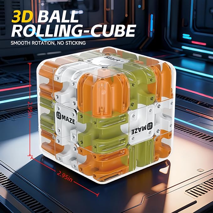 3D Rolling Ball Maze Cube, Marble Labyrinth Cube, 3D Labyrinth Puzzle Cube, Spatial Awareness Brain Training Educational Focus Game Gift for Adults Teens Kids (Orange & Green)