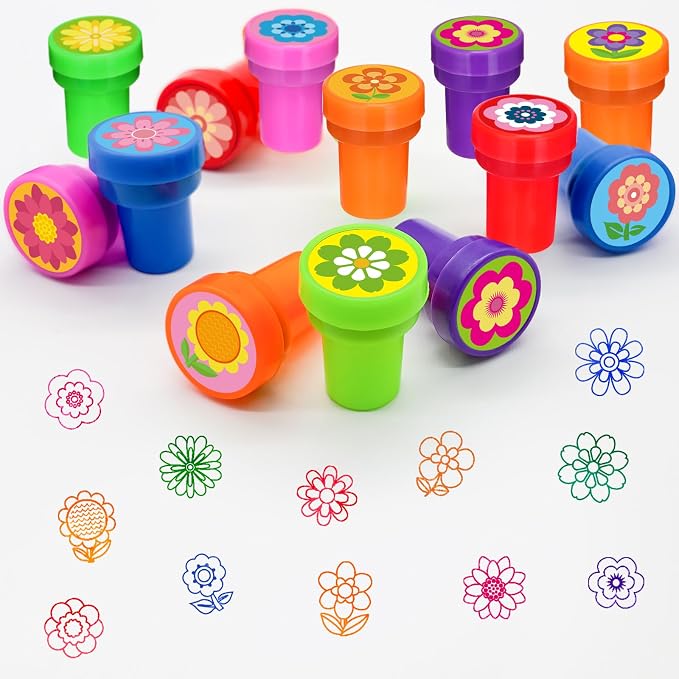 Cinrobiye 24 Pcs Flower Stampers Party Favor Set, Cute Floral Stamps for Kids Birthday Party, Classroom Rewards, Carnival Prizes, Goody Bag Fillers, Garden Floral Party Supplies