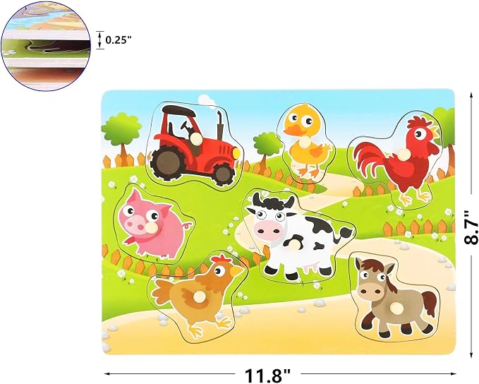 Wooden Puzzles Farm Chunky Baby Puzzles Peg Board, Full-Color Pictures for Preschool Educational Jigsaw Puzzles, 7Pieces